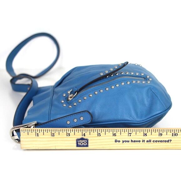 B.Makowsky BLUE GENUINE LEATHER STUDDED ZIP POCKET CROSSBODY SHOULDER BAG PURSE - Picture 15 of 16